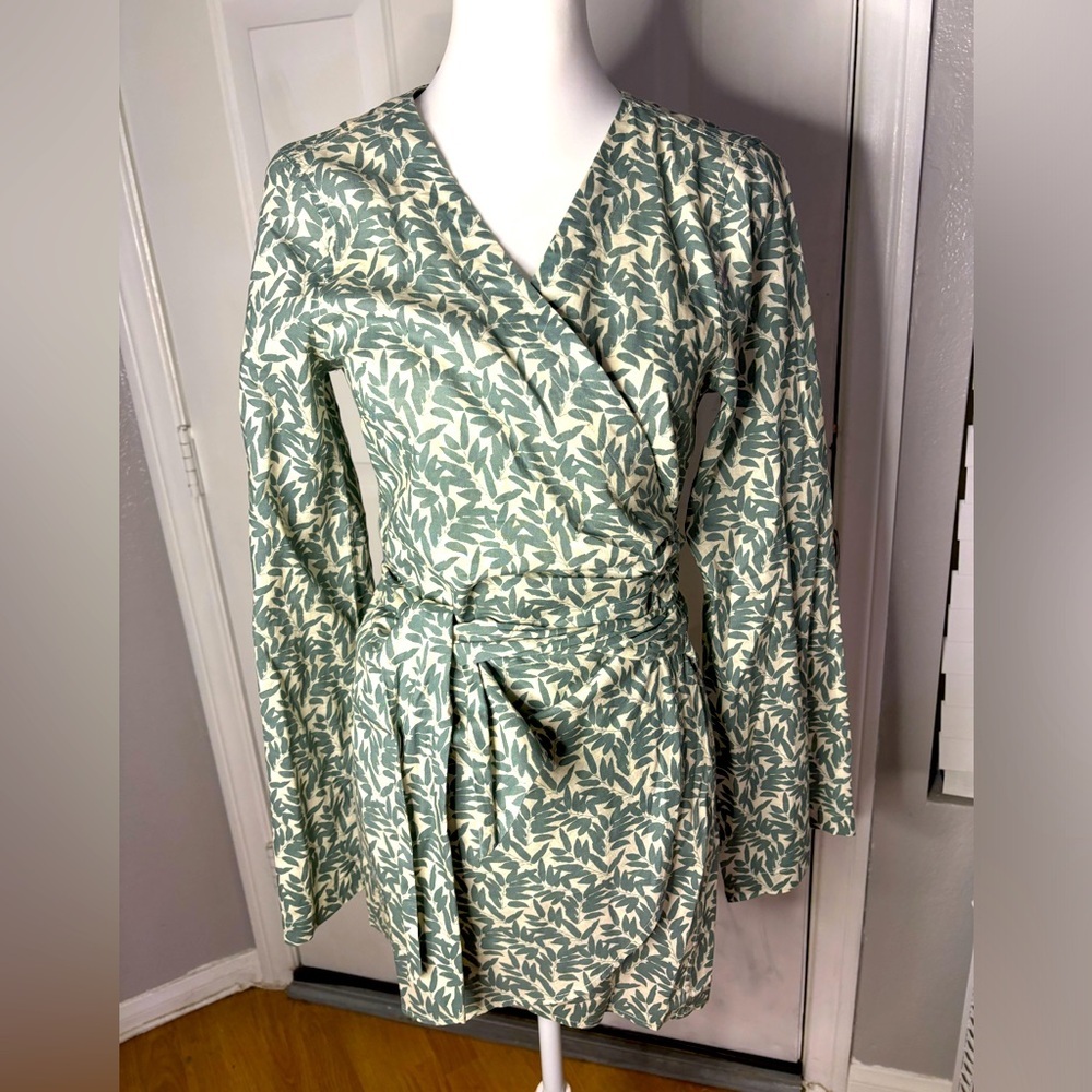 Onia | NWT medium | linen blend true wrap mini dress in green leaf on ecru